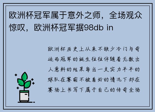 欧洲杯冠军属于意外之师，全场观众惊叹，欧洲杯冠军据98db in