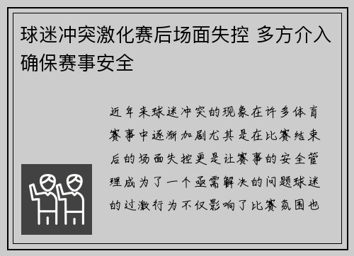 球迷冲突激化赛后场面失控 多方介入确保赛事安全